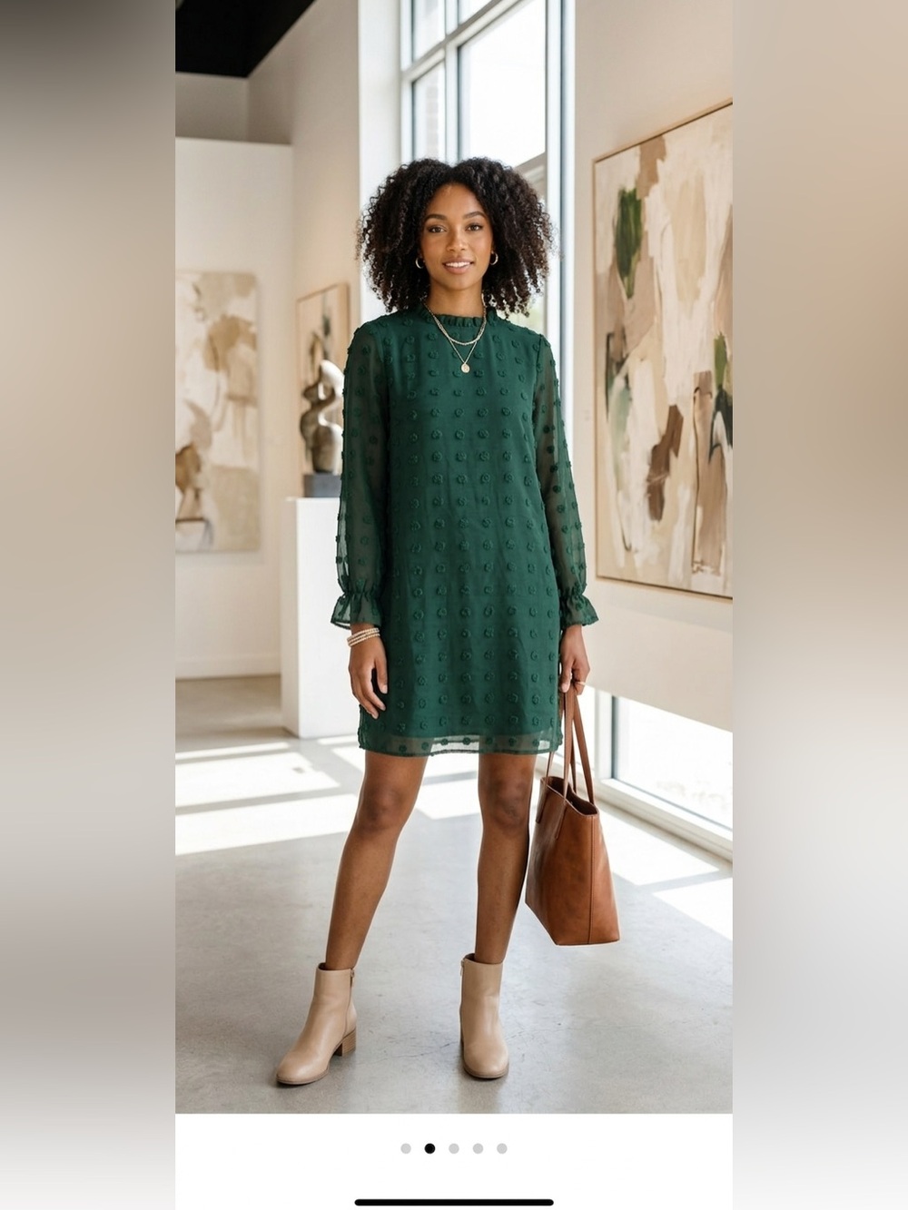 ADIBOSY Green Swiss Dot Chiffon Ruffle Neck Long Sleeve Shift Mini Dress Large